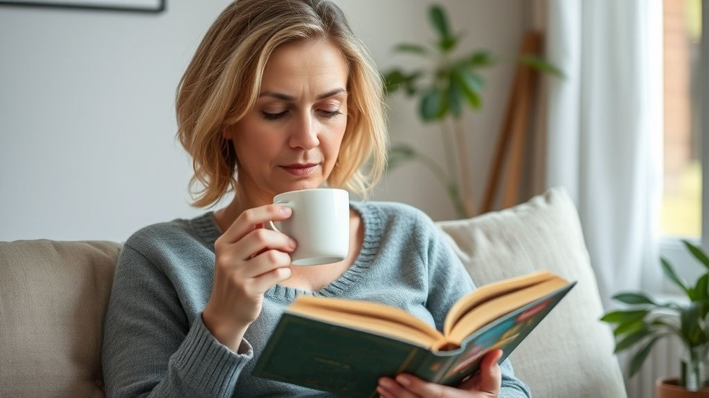 Avkobling, for helsen din, en kvinne som leser en bok.  